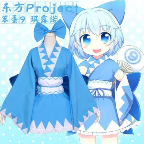 Anime Touhou Project 6 The Embodiment Of Scarlet Devil Cosplay Costume Cirno Cosplay Kimono Dress Halloween Women Clothes
