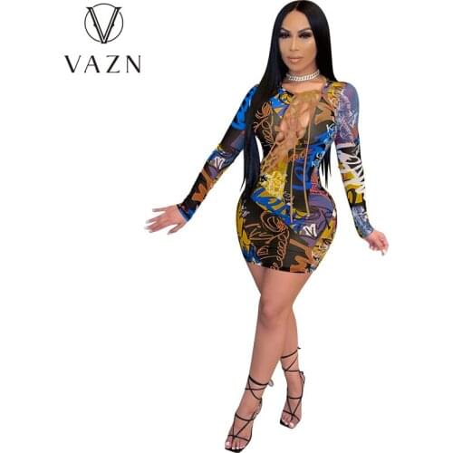 VAZN New 2021 Fashion Full Sleeve Hole Out Bandage V-neck Beach Mini Sexy Regular Dress Women Elegant Fashion Dress Slim Dress