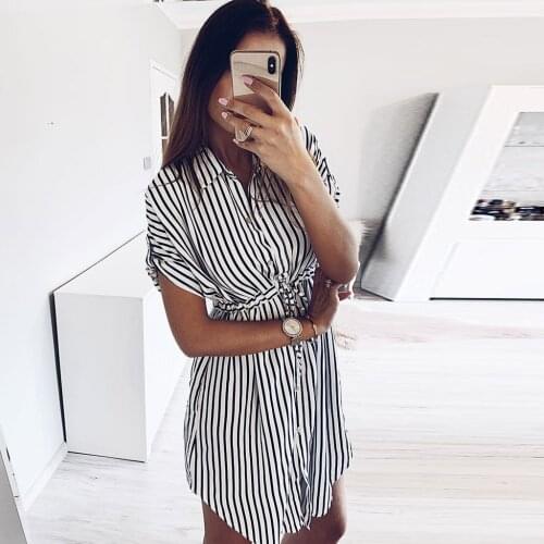 38#Fashion Womens Drawstring Bandage Short Sleeve Stripe Print Lapel Shirt Dress Party Dress Elegant Sundress Summer Dress 2020