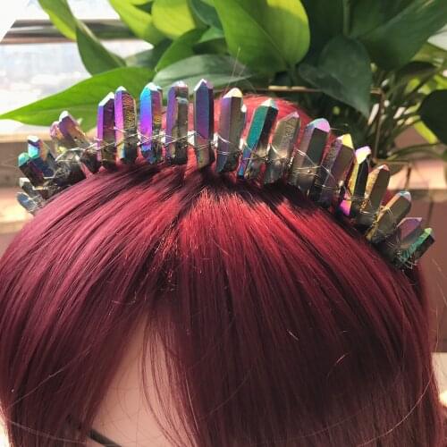 Rainbow Titanium Raw Crystal Point Crown Tiara,Healing Reiki Quartz Witch Party Bridal Witchcraft Women Hairband Jewelry QC5004