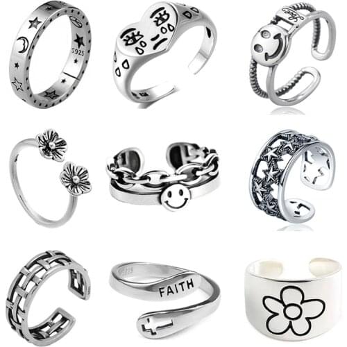 Retro Punk Moon Star Smiley Ring For Men Woman Cocktail Finger Ring Siver Color Opening Adjustable Rings Дамы открытое кольцо