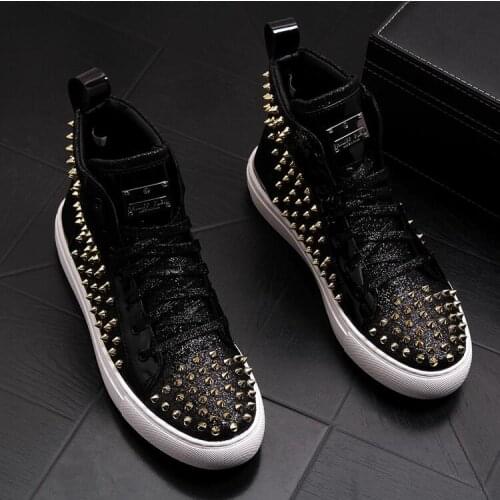 Luxury designer shiny rivet men shoes fashion sneakers spikes high tops punk men Casual shoes rivet boots zapatillas hombre