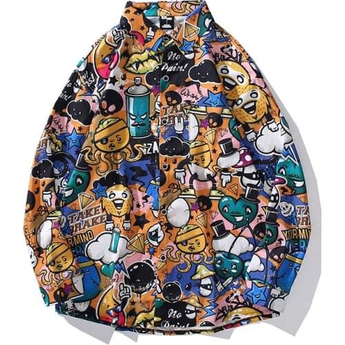 Long Sleeve Shirt Man Couple Shirt Coat Cartoon Graffiti Hawaiian Beach Tops Shirts for Men