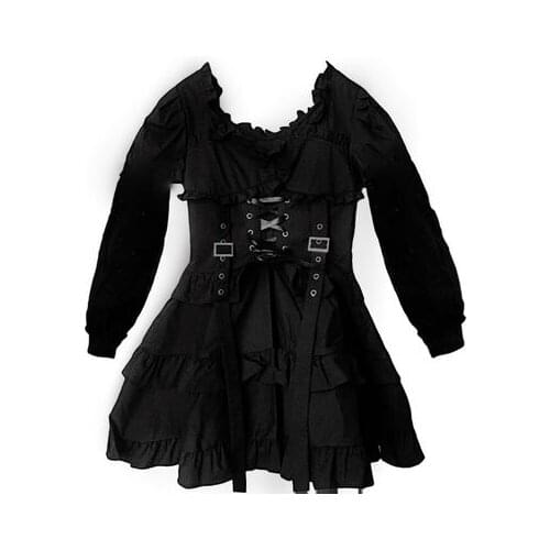 Ruibbit Harajuku Gothic Women Lolita Dress O Neck Long Sleeve High Waist Lace-up Ruched Vintage Black Dress Female Punk Dresses