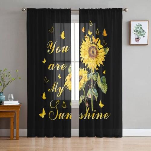 You Are My Sunshine Sunflower Butterfly Black Voile Tulle Sheer Curtains for Bedroom Living Room Kitchen Decor Window Curtain