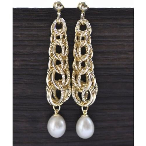 Z11037 2.5" 11mm White Drop Pearl gold-plating Chain Tower Dangle Earring