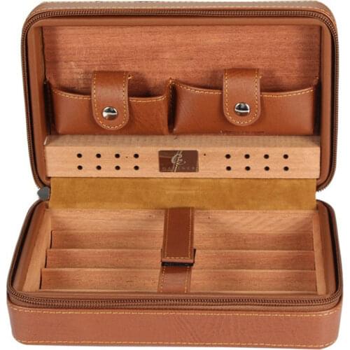 Cigar Humidor Case Portable Cedar Wood Leather Travel Humidor Humidifier Set Gift Box with cigar cutter gift For Cohiba
