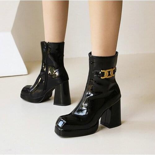 Patent PU Leather Plain Red White Black Platform Block High Heels Women Winter Shoes Sexy Female Ankle Modern Boots Big Size 48