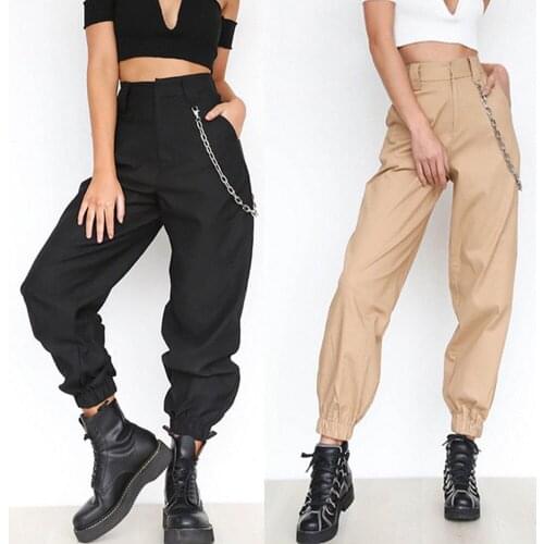 Women Solid Cargo Harem Pants Casual Loose Chain Street Style High Waist Trousers Cool Ladies Pants S-3XL