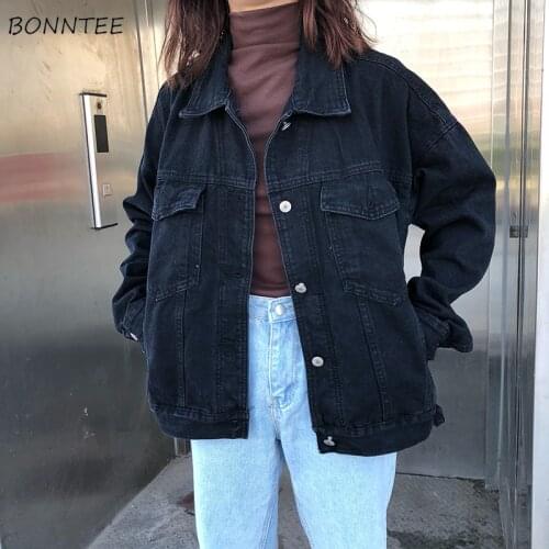 Jackets Women Black Solid Denim Korean Style All Match Womens Chic BF Loose Fashion High Quality Females Hot Sale Comfortable