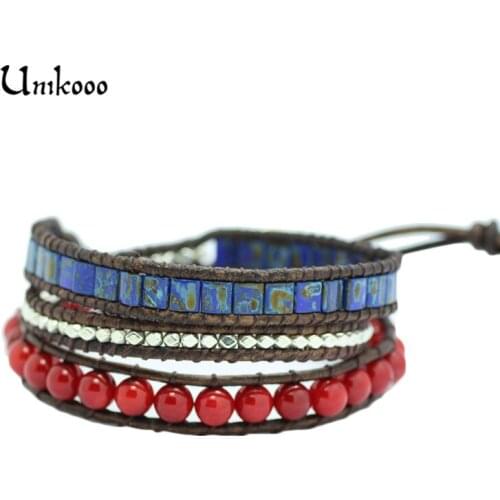 Triple Leather Wrap Bracelet for Women Red Coral & Square Lapis Beads Multilayer Czech Glass Beads Rope Bracelets for Women