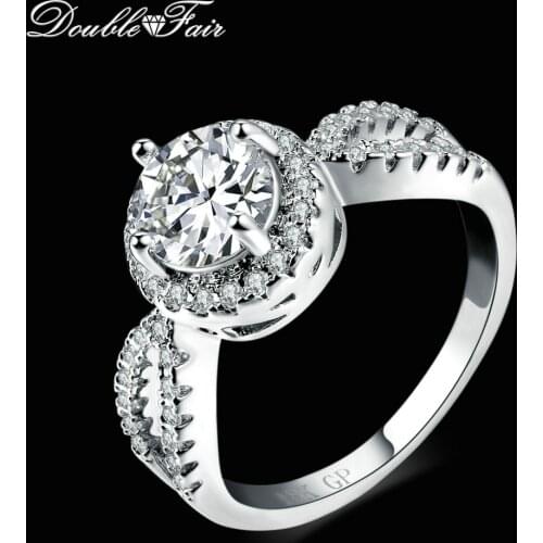 Double Fair Brand Cubic Zirconia Round Crystal Rings Silver Color Fashion Engagement/Wedding Party Jewelry For Women DFR567