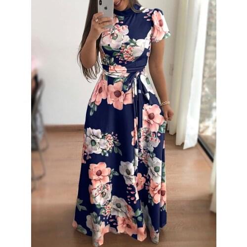 Celebrities Flower Print Big Hem Dress Gentlewoman Temperament Commuting Collect Waist Long Dress Short-sleeved Womens Dresses
