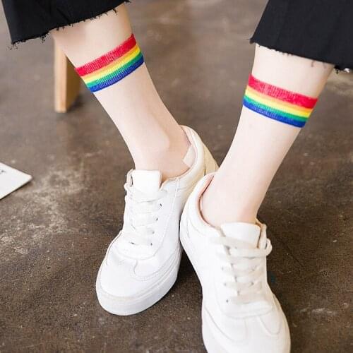 1 Pair Woman Summer socks Transparent Rainbow Short Socks Ladies Ultra Thin stripe Ankle Socks Low Cute funny Socks Female meias