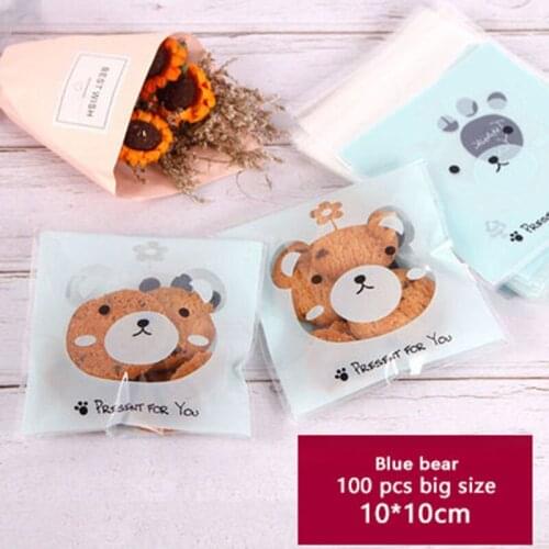 100pcs Snacks Self Adhesive Packaging Bag Sky Blue Frosted Background Cartoon Bear Head Soap Biscuits Birthday Party Gift Bag