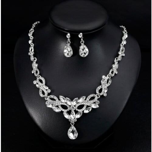 2Pcs/Set European Style Alloy Jewelry Crystal Necklace Earrings Wedding Jewelry Set Accessories