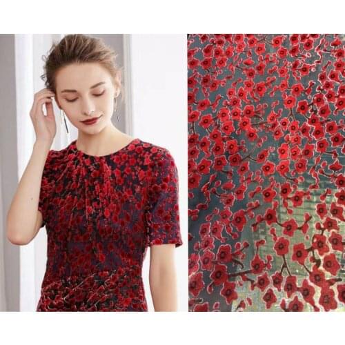 Crazy Discount High Grade Luxury Red Blue Plum Blossom Flocking Silk Fabric Velvet Fabric For Dress Tissus Coton Tissu Au Metre
