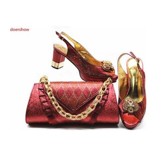 Doershow deed red Matching Shoes and Bag Set African Wedding Shoe and Bag set Italy Shoe and Handbag Summer Set Women STB1-18