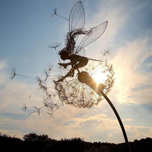 Dancing Fairy Statue Steel Wire Fairy Garden Miniature Sculptures Mythical Faery Dandelion Figurine Fairies Pixies Garden Decor