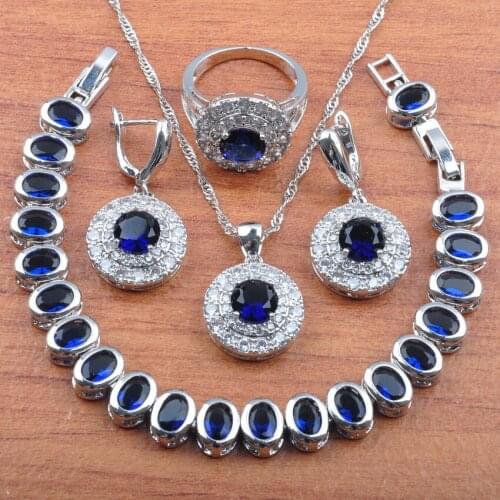 Wedding Jewelry Sets Women Bridal jewelry AAA+ Quality Blue Zirconia Earrings Necklace And Pendant Ring Bracelets Set JS0269