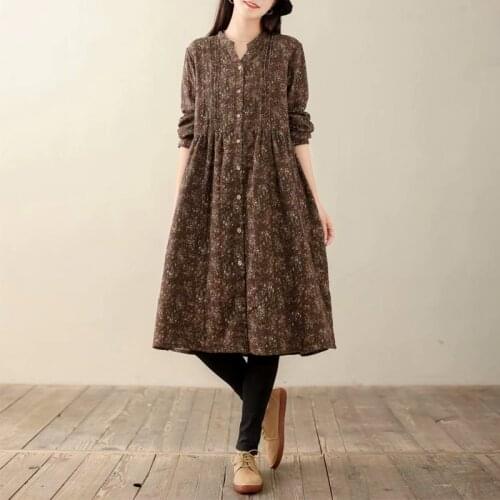 Lamtrip Unique Plus Size Cotton Yarn V-Neck Retro Floral Print Rustic Village Long Sleeve Dress 2021 Spring