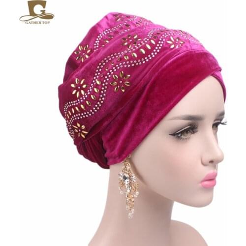 New women elegant Embellished flower nigerian velvet turban Extra Long headcarf Head Wraps hijab cap