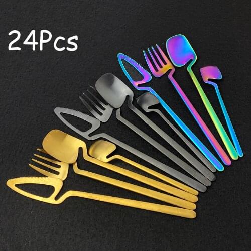 24Pcs Matte Stainless Steel Cutlery Set Dinnerware Set Black Gold Knife Fork Spoon Silverware Kitchen Party Dinner Tableware Set