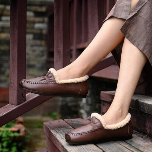 Genuine Leather Furry Shoes Women Winter Warm Loafers 2020 New Lamb Fur Winter Flats Shoes Slip On Loafers for Winter for Women