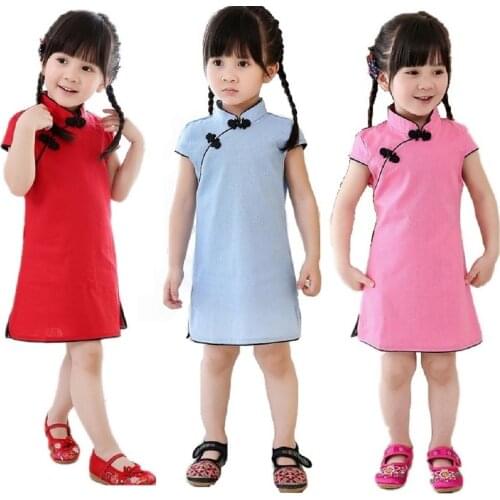 2018 Girl Dress Cotton Short Sleeve Children Qipao Chinese Traditional New Year Gift Baby Girls Clothes 2 4 6 8 10 12 14 16 Year