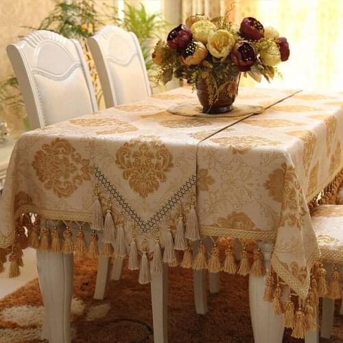 CURCYA Luxury European Style Brown Table Cloth for Formal Dinning Tables / Top Quality Imitated Silk Jacquard Table Cover