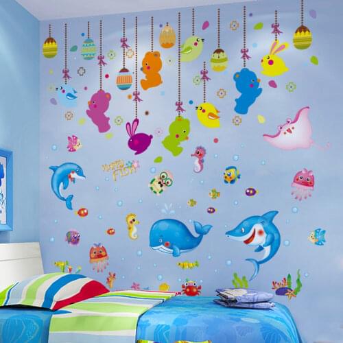 [SHIJUEHEZI] Cartoon Fish Wall Stickers DIY Animals Ornaments Mural Decals for Kids Rooms Baby Bedroom Nursery Home Decoration