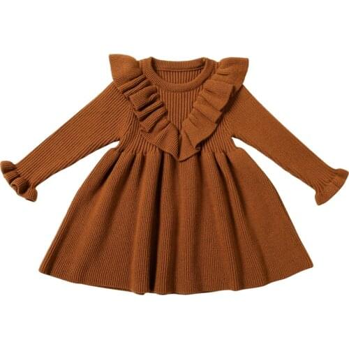 Warm Autumn Winter Baby Clothes Dress New Fashion Ruffled Long Sleeve Sweater Dresses For 0-36Months Girl