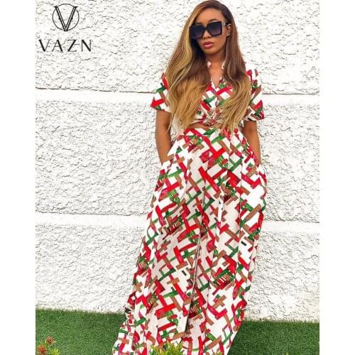 VAZN 2020 Colorful Print Special Young Sexy High Street Soft Short Sleeve Long Bandage pants Women 2 Piece Set