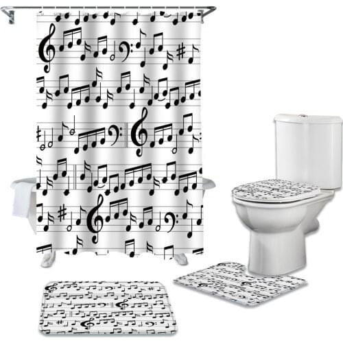 Tab Music Note Black White Waterproof Fabric Bathroom Curtain Shower Curtains Set Anti-skid Rugs Toilet Lid Cover Bath Mat