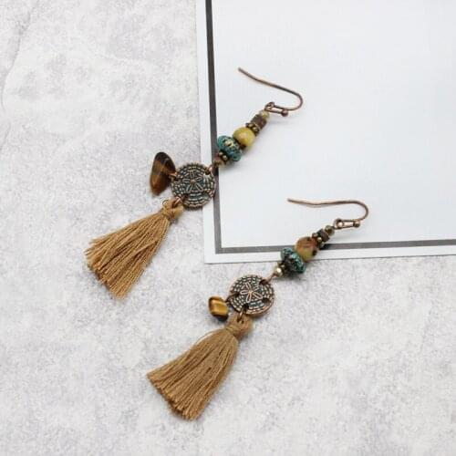 Vintage Rustic Pendant Stone Hollowed Lucky Flower Brown Ethnic Tassels Beads Cluster Pendant Charming Women Antique Earrings