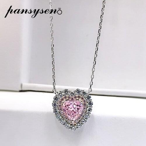 PANSYSEN Romantic Solid Silver 925 Jewelry Pendant Necklaces for Women Pink Sapphire Simulated Moissanite Gemstone Fine Jewelry