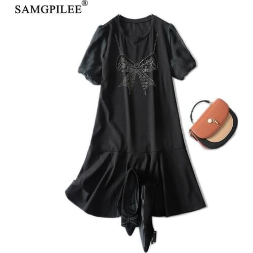 Summer Hot Rhinestone Retro Women Dress Loose Edition Bowknot Figure Mermaid Knee Length Short Sleeve Woman Dresses Plus Size