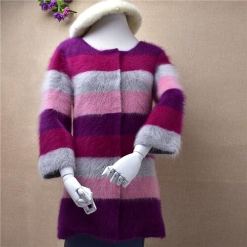 Top mejur women fashion medium long patch dress o-neck long sleeves cashmere rabbit fur knitting skirt cardigans coat jacket