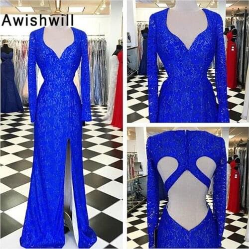 Royal Blue Sexy Long Sleeve Evening Dresses Open Back Lace Formal Dresses With Front Slit Vestido de Festa Longo Real Photos