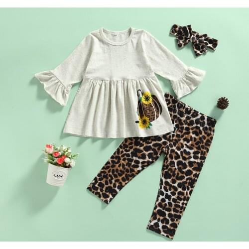 3PCS Baby Clothing Fall Autumn Spring Outfits Ruffle Tops Pants Headband Leopard Child Girl Set