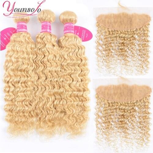 613 Deep Wave Bundles With Frontal Pre Plucked Blonde Brazilian Hair Deep Weave 3 Bundles With Frontal Remy Hair Younsolo Hair