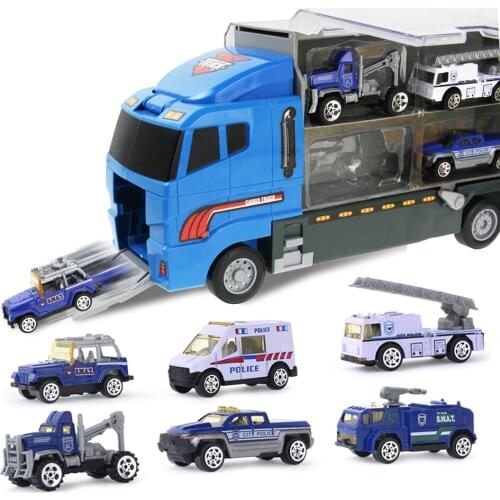 7pcs/set Mini Diecast Alloy Truck 2 in 1 Fire Truck Engineering Truck with Ejection & Carry Function Model Car Vehicles Toys