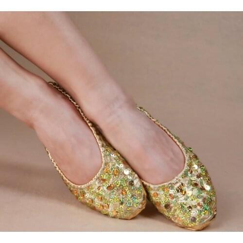 Wholesale Belly Dance Practice Silver/Gold Flats Soft Leather Pointe Gymnastics Foldable Ballet Flat Sequins