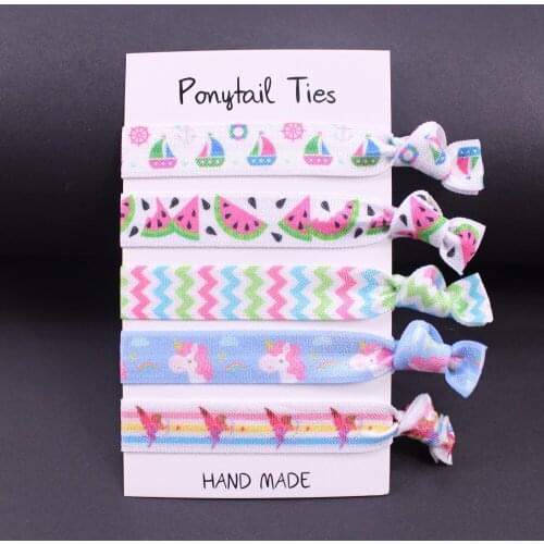 HT-5-046-5/8" baby Ponytail FOE elastic hair ties watermelon unicorn printed foe elastic 10 sets per lot (50 pcs)