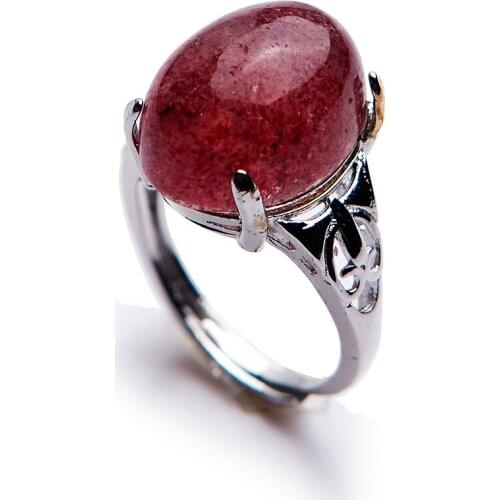 Genuine Natural Strawberry Quartz Round Stone Bead Lady Fashion Adjustable Size Sliver Ring 15*12mm