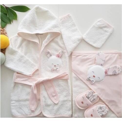 Girl Baby Robe Set 100% Cotton 4 Piece Bunny Embroidered Towel Bathrobe Set Suit Pink 4 Seasons Pouch Bathrobe Slippers towel Gift