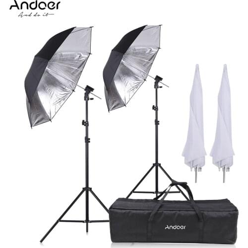 Andoer Camera Double Flash Shoe Mount Swivel Soft Umbrella Kit Soft Umbrella+Light Stand+Shoemount+B-Type Bracket +carrying bag