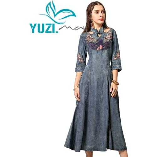 Summer Dress 2019 Yuzi.may Boho New Denim Women Dresses Stand Collar A-line Three Quarter Sleeve Elegant Vestidos A82137 Vestido