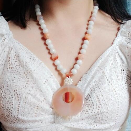 Lii Ji Real Stone Pearl Ball White Jades Agates Pendant Necklace 58cm Handmade Jewelry Women Gift