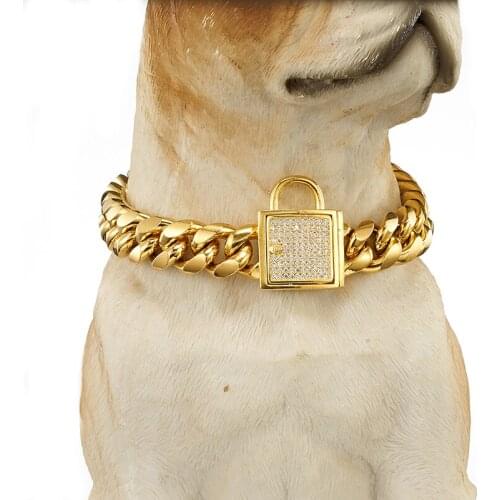 Fashion Dog Collar Stainless Steel Gold Dog Chain Collar With Zirconia Lock Luxury Dog Heavy Duty Choke Collar Chain 10-30inch